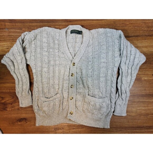 Vtge Saddlebred Gray Cable Knit Chunky Mens Cardigan Sweater Size L Grunge...